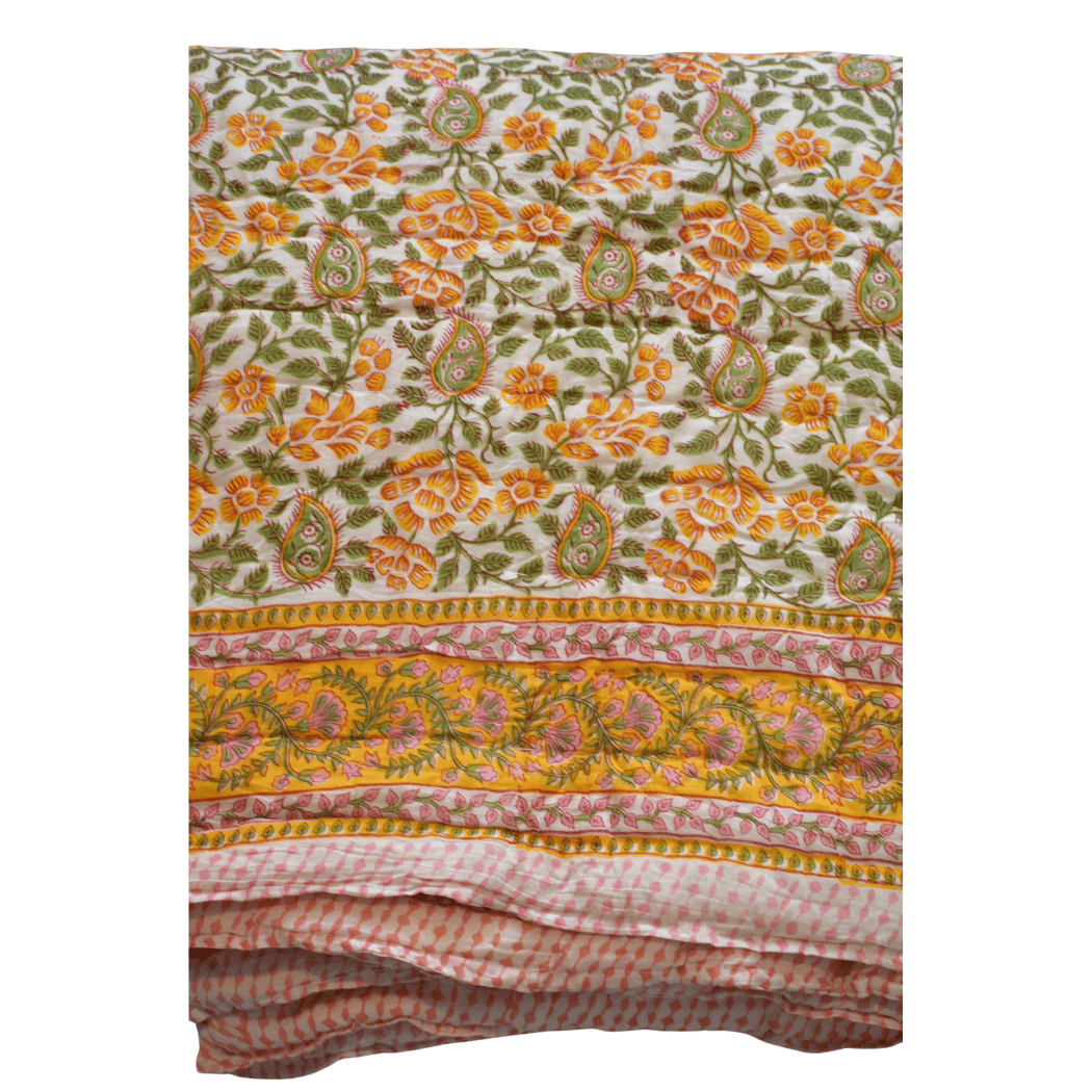 Bloomscape - Handblock Print Cotton Quilt: Queen