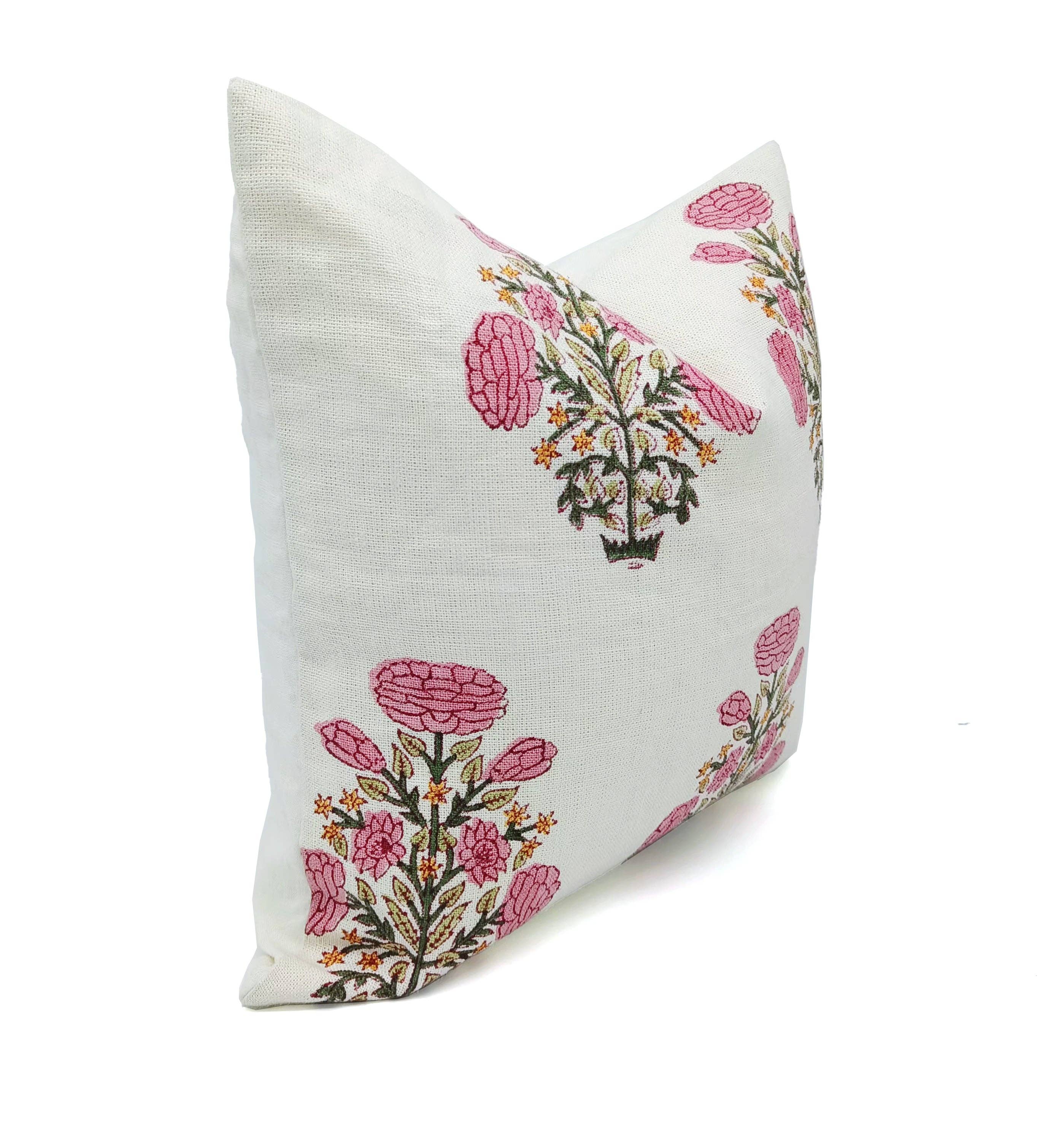 Floral Handmade Pink Off White LInen Pillow Cover- Swadesh: Off White Linen / Both Side Print / 20x20 Inch