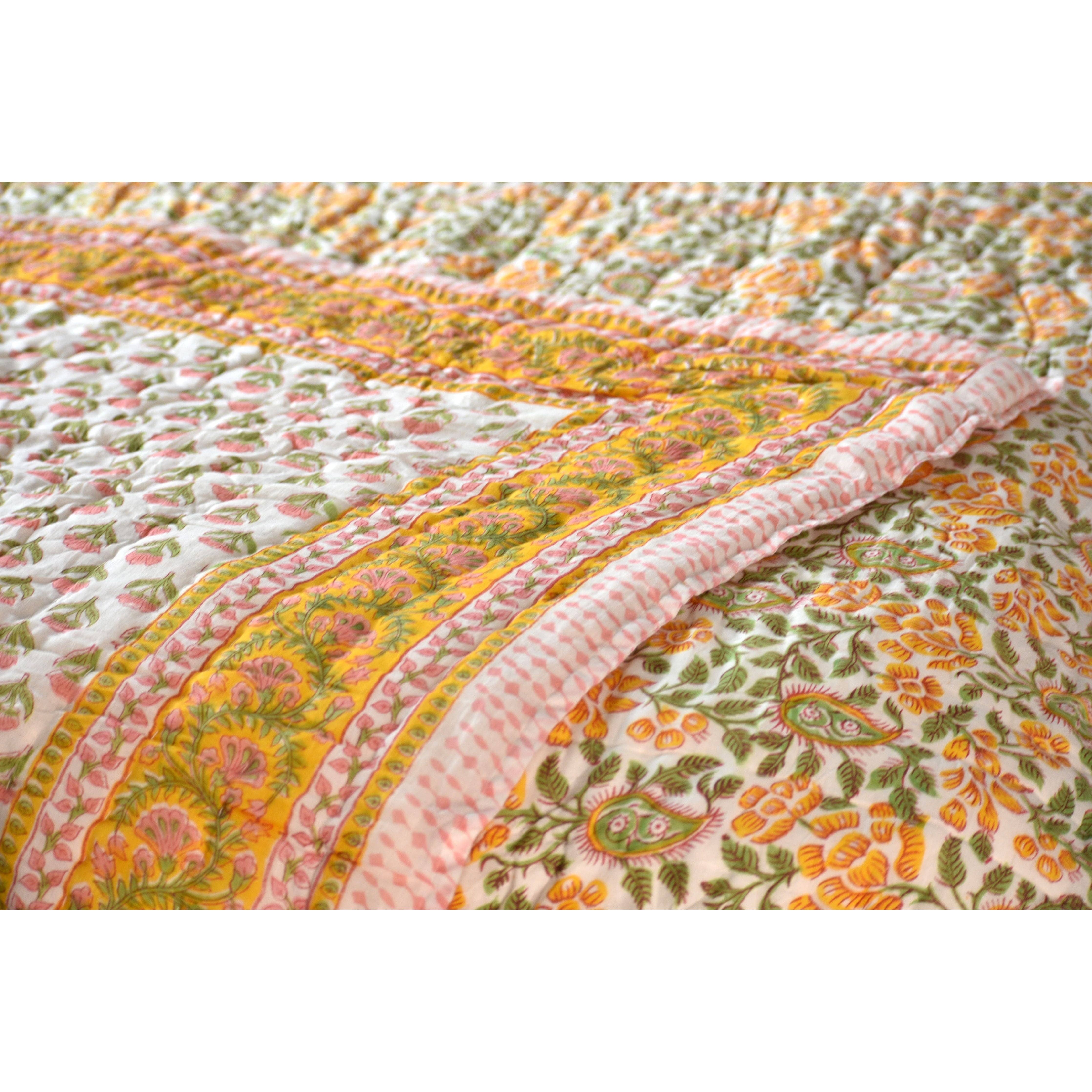 Bloomscape - Handblock Print Cotton Quilt: Queen