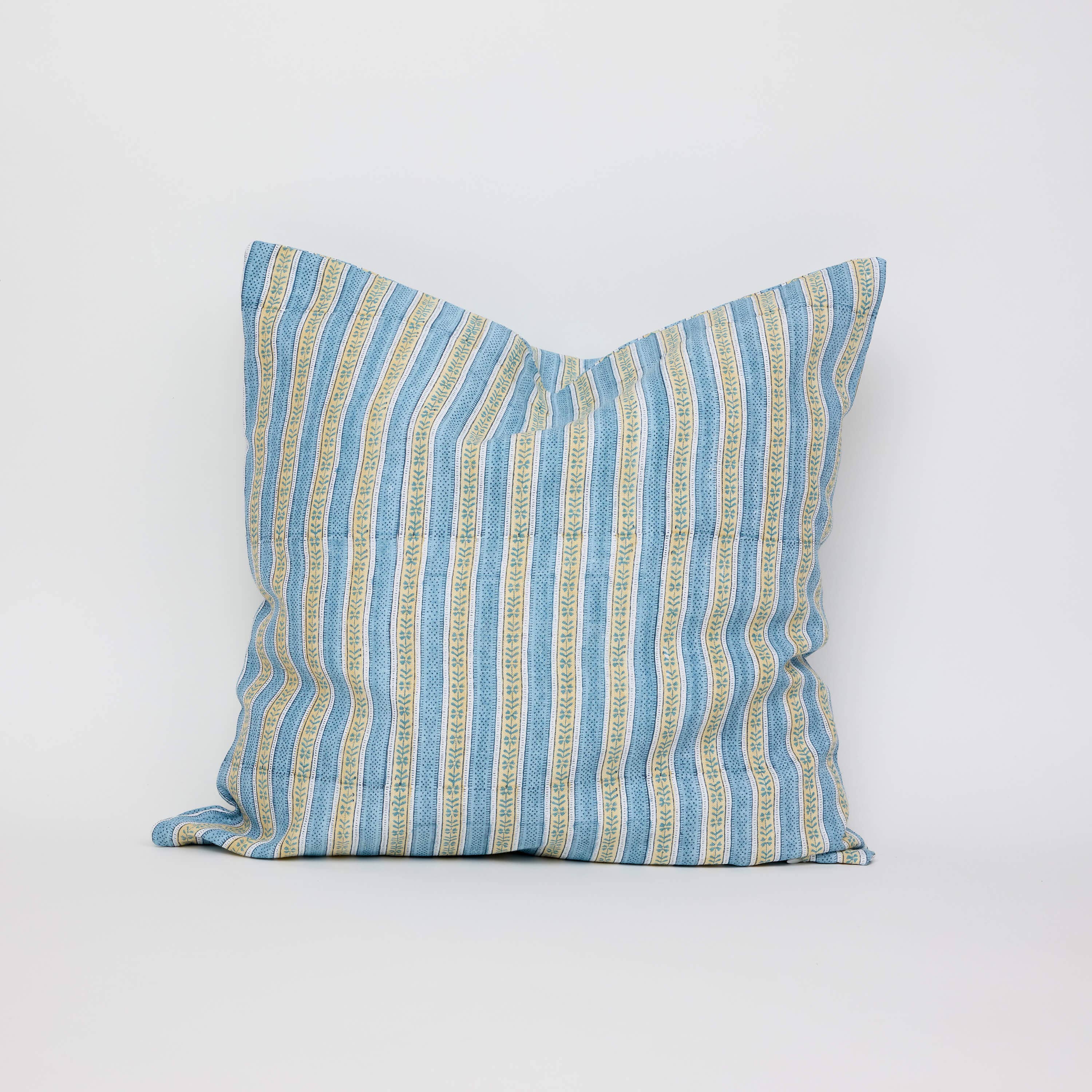 BLOCK PRINTED LINEN CUSHION COVER - FLORAL STRIPE BLUE