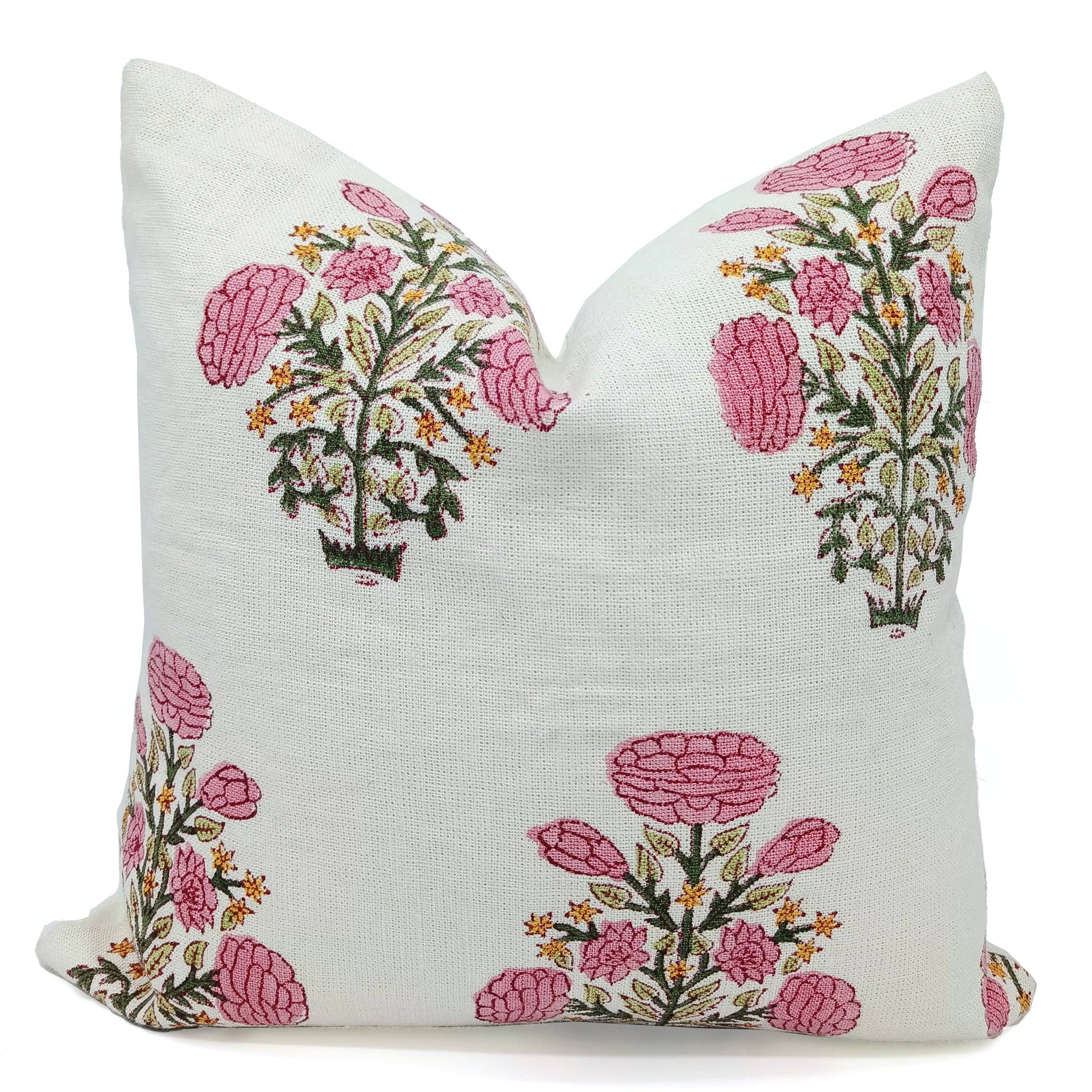 Floral Handmade Pink Off White LInen Pillow Cover- Swadesh: Off White Linen / Both Side Print / 20x20 Inch
