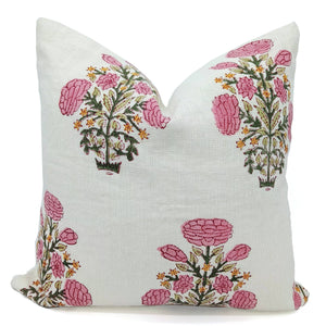 Floral Handmade Pink Off White LInen Pillow Cover- Swadesh: Off White Linen / Both Side Print / 20x20 Inch