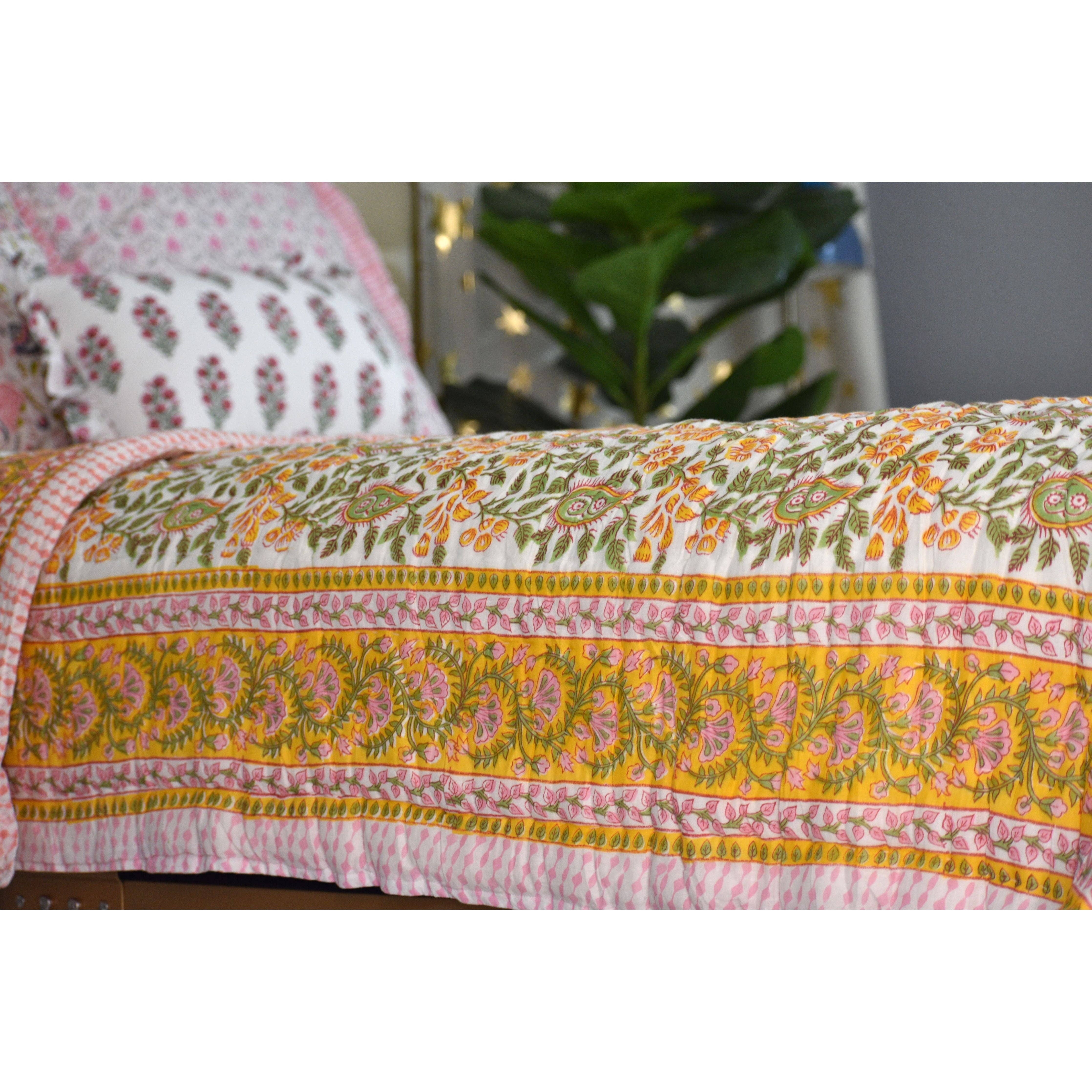 Bloomscape - Handblock Print Cotton Quilt: Queen
