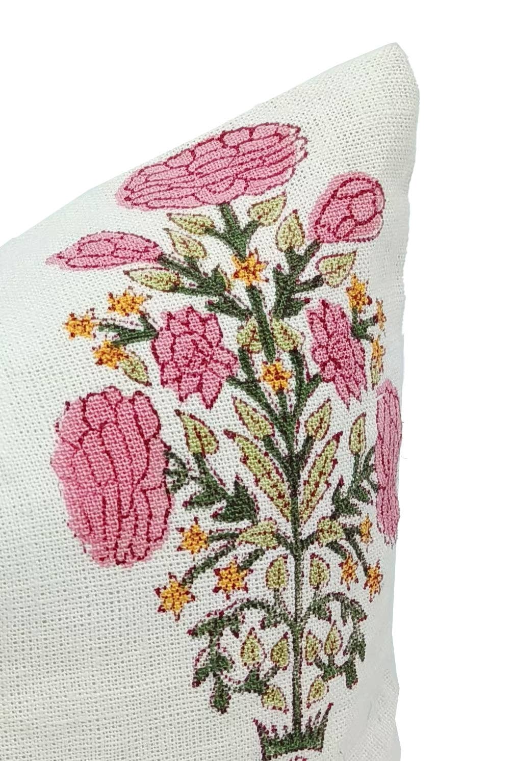 Floral Handmade Pink Off White LInen Pillow Cover- Swadesh: Off White Linen / Both Side Print / 20x20 Inch