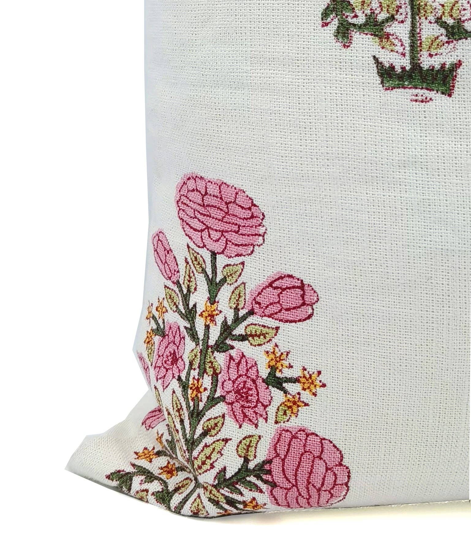 Floral Handmade Pink Off White LInen Pillow Cover- Swadesh: Off White Linen / Both Side Print / 20x20 Inch