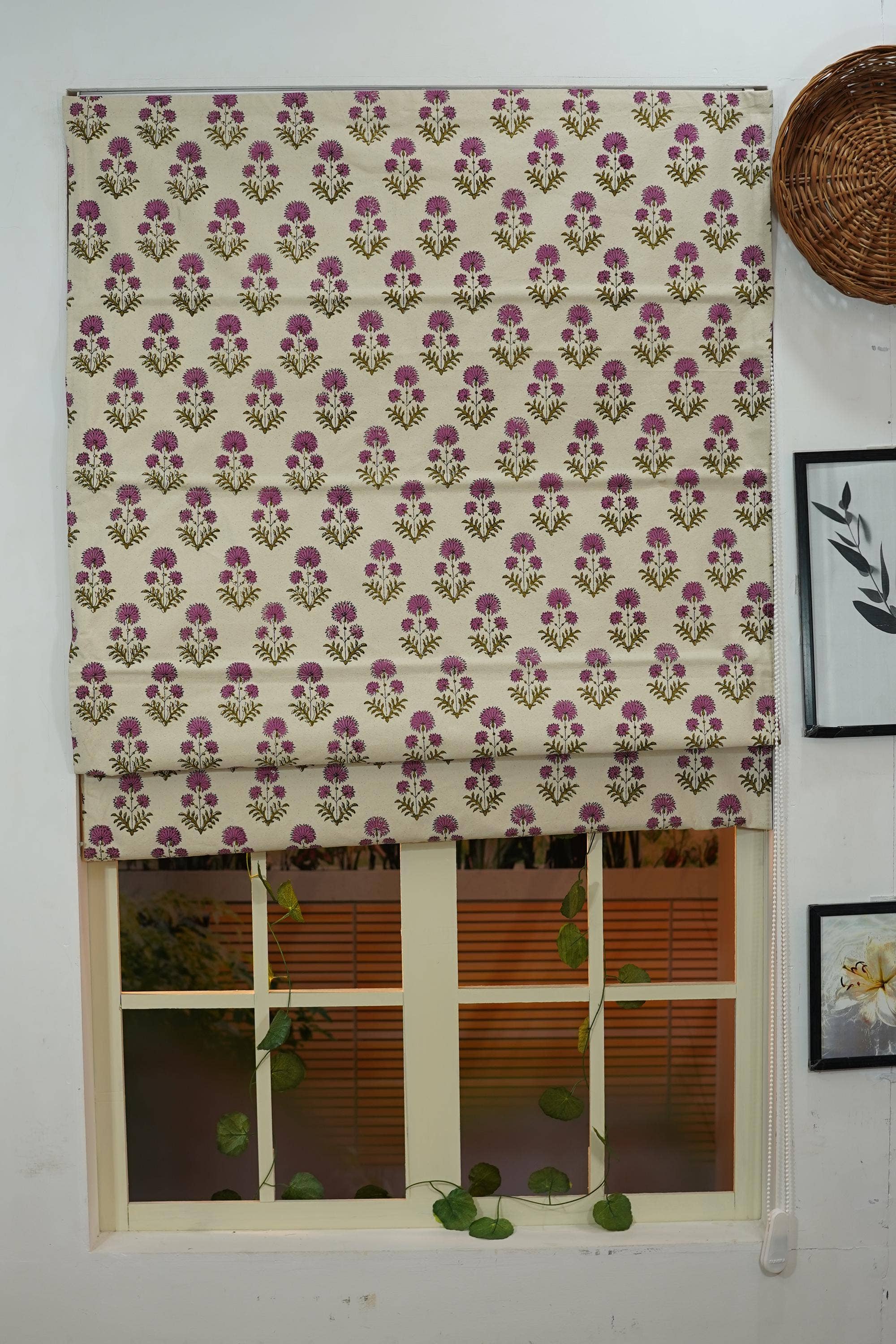 Indian Block Print Thick Cotton Roman Shade - Rishi: Thick Cotton / 30-39"W x 59-67"L Inches