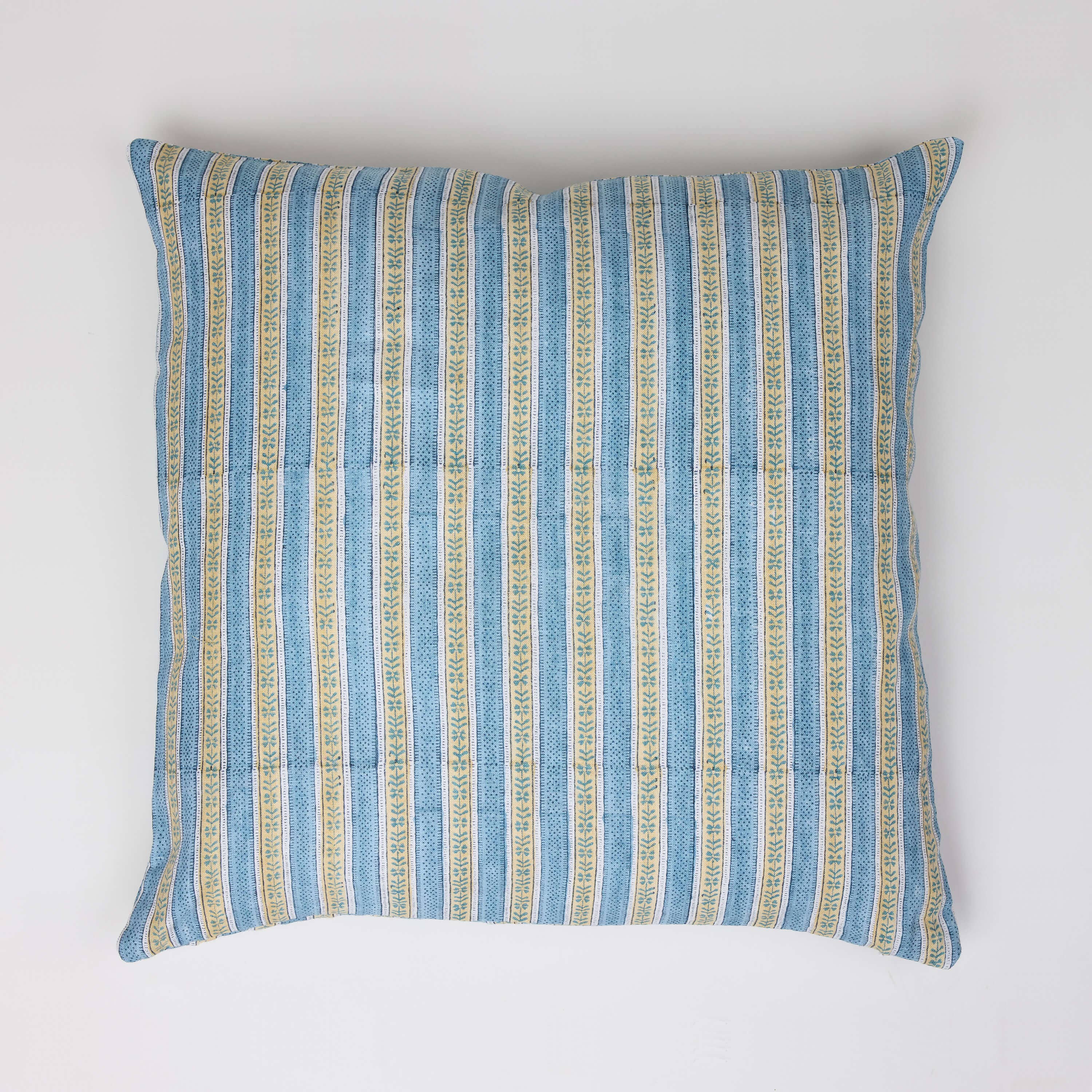 BLOCK PRINTED LINEN CUSHION COVER - FLORAL STRIPE BLUE