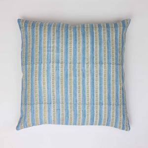 BLOCK PRINTED LINEN CUSHION COVER - FLORAL STRIPE BLUE